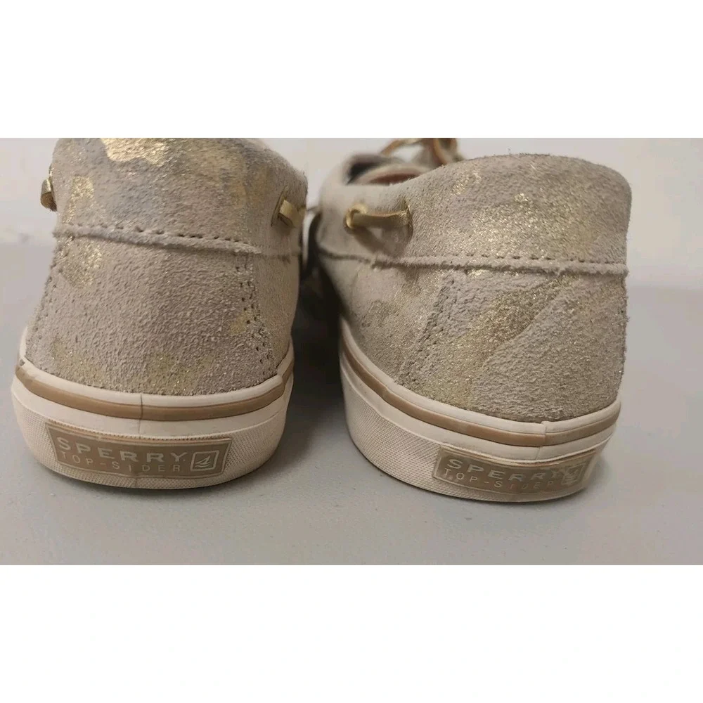 EUC Sperry Top-Sider‎ Sz 9 Bahama Metallic Tan/Goldtone Camo Suede Boat Shoe
